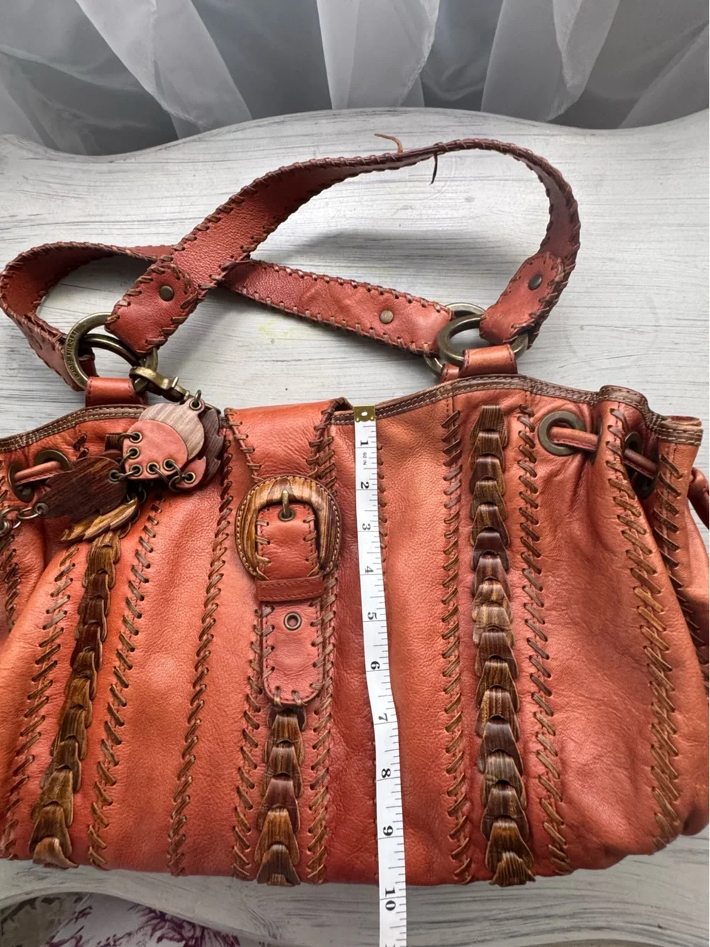 Isabella Fiore Whipstitch Leather Hobo Bag Boho Slouchy Brown Vintage